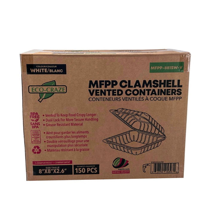 MFPP Clamshell Container - 8x8x2.6- 1 Compt - White- Eco-Craze -