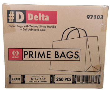 Paper Bags with Twisted Handles - 13x7x13 Prime Bags - Delta - Self Adhesive
