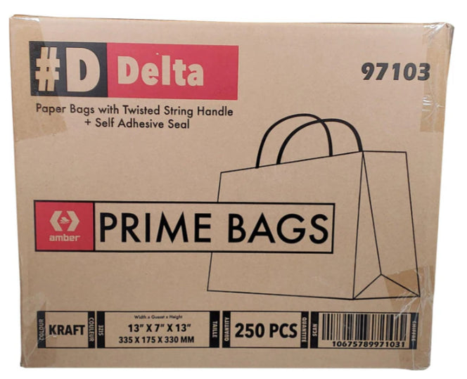 Paper Bags with Twisted Handles - 13x7x13 Prime Bags - Delta - Self Adhesive