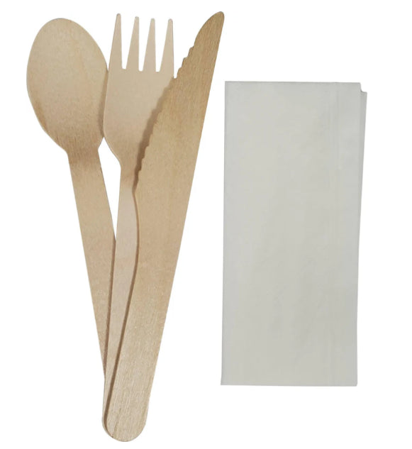 Cutlery Kit Wrapped 6pc Wooden (F/K/S/N/S/P)